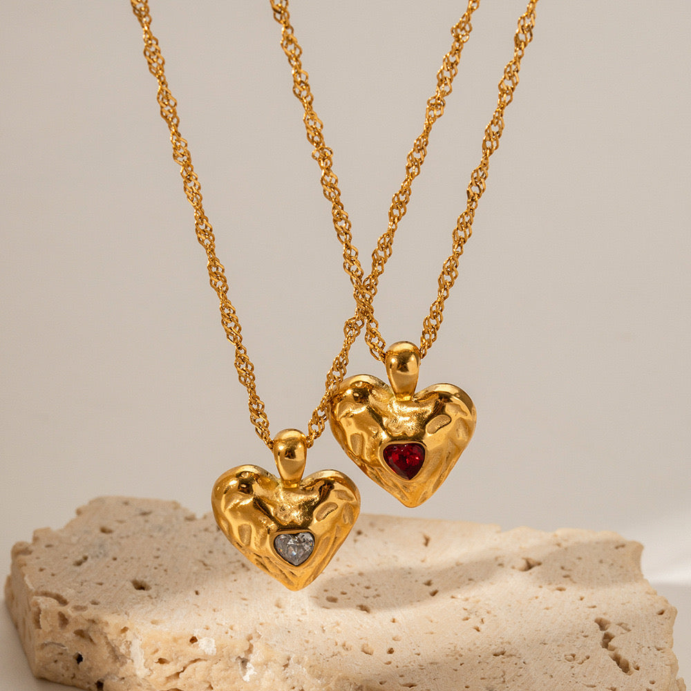 18K Gold Bejeweled Heart Pendant Statement Necklace