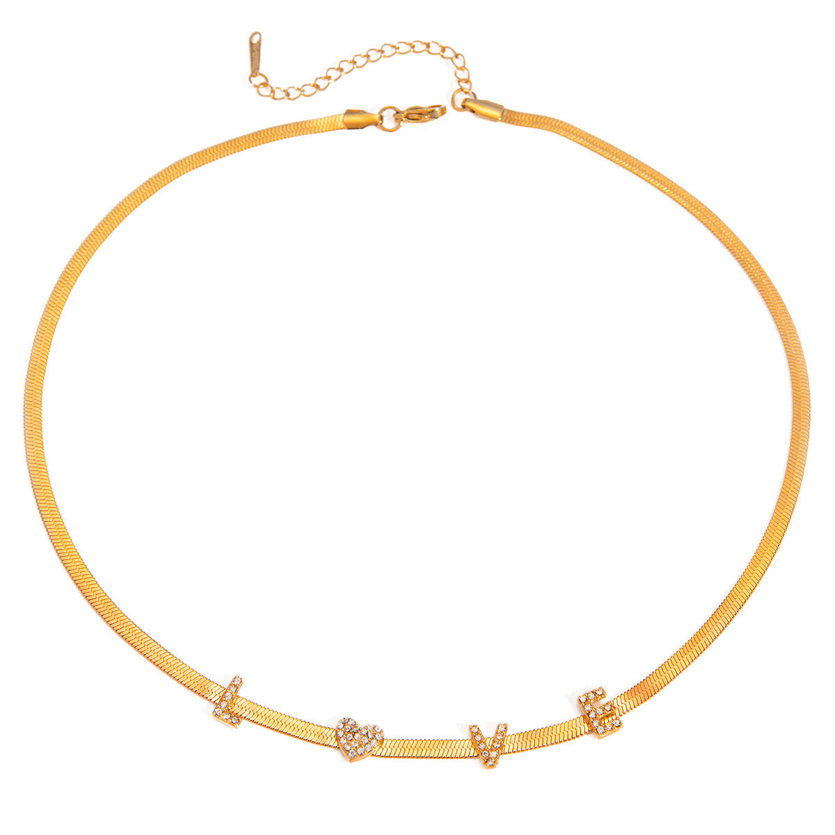 18K Gold LOVE Herringbone Snake Chain CZ Collar Necklace