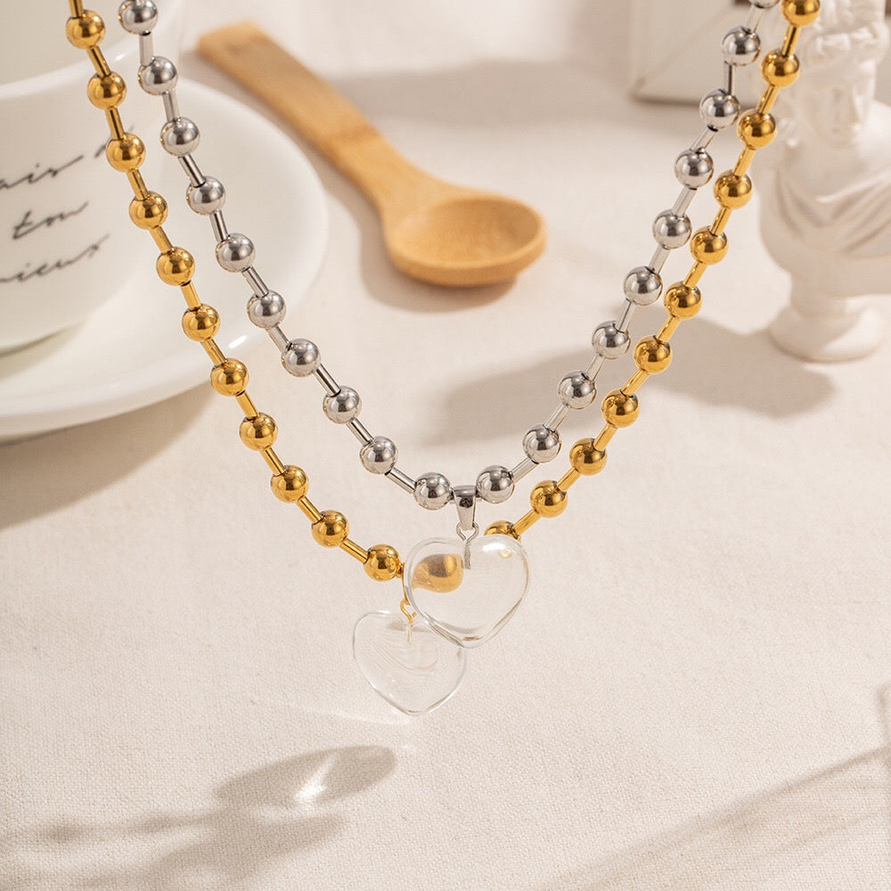 18K Gold Clear Jelly Heart Pendant Beaded Ball Chain Necklace