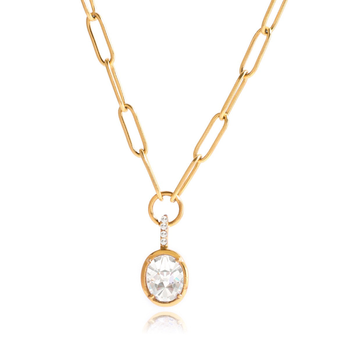 18K Gold Minimal Glow CZ Pendant Paperclip Beaded Chain Layered Necklace Set