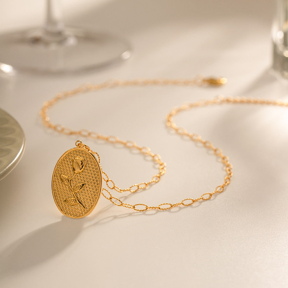 18K Gold Rose Oval Plate Pendant Necklace
