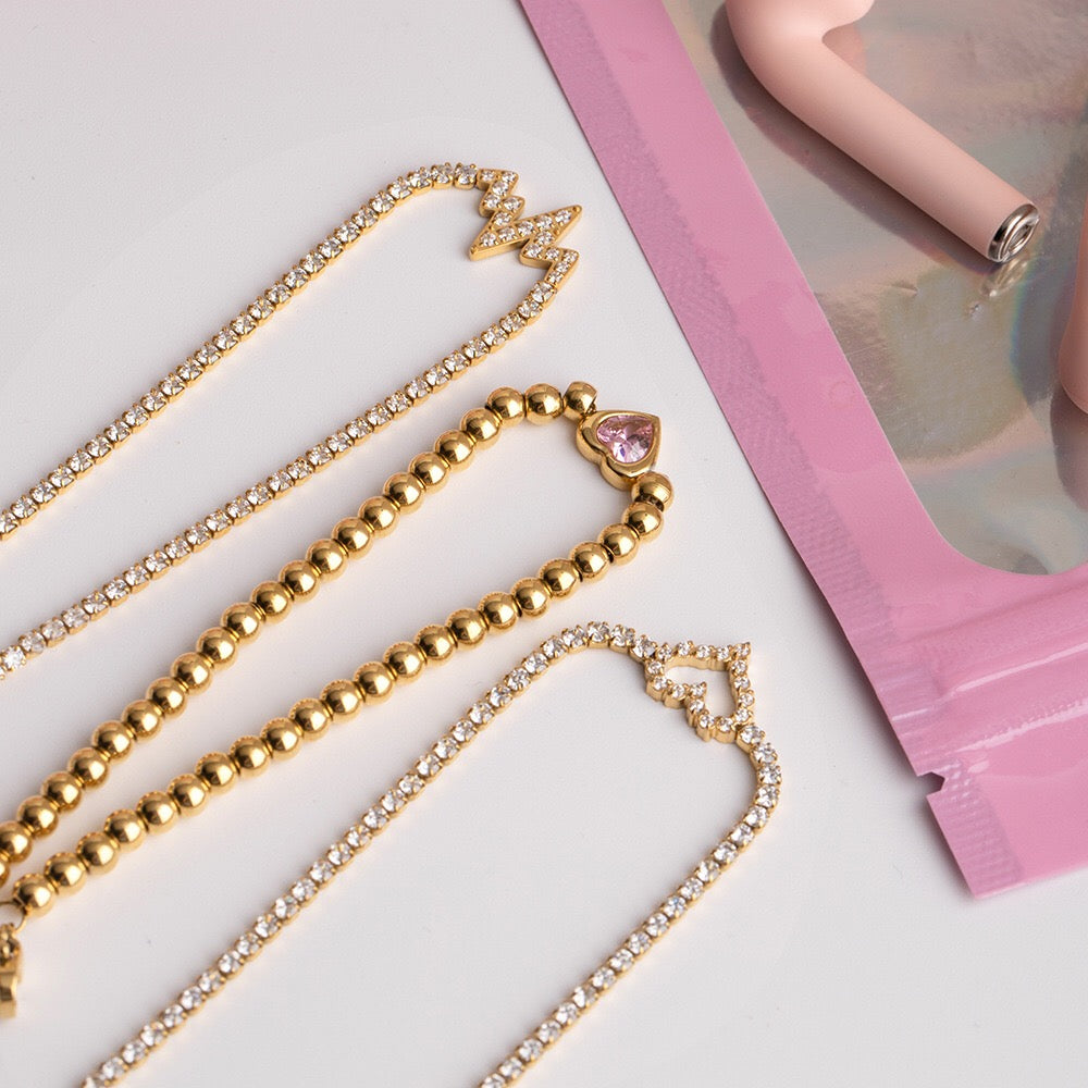 18K Gold Dreamy Bling Heart Bow Tennis Chain Bracelet Stack