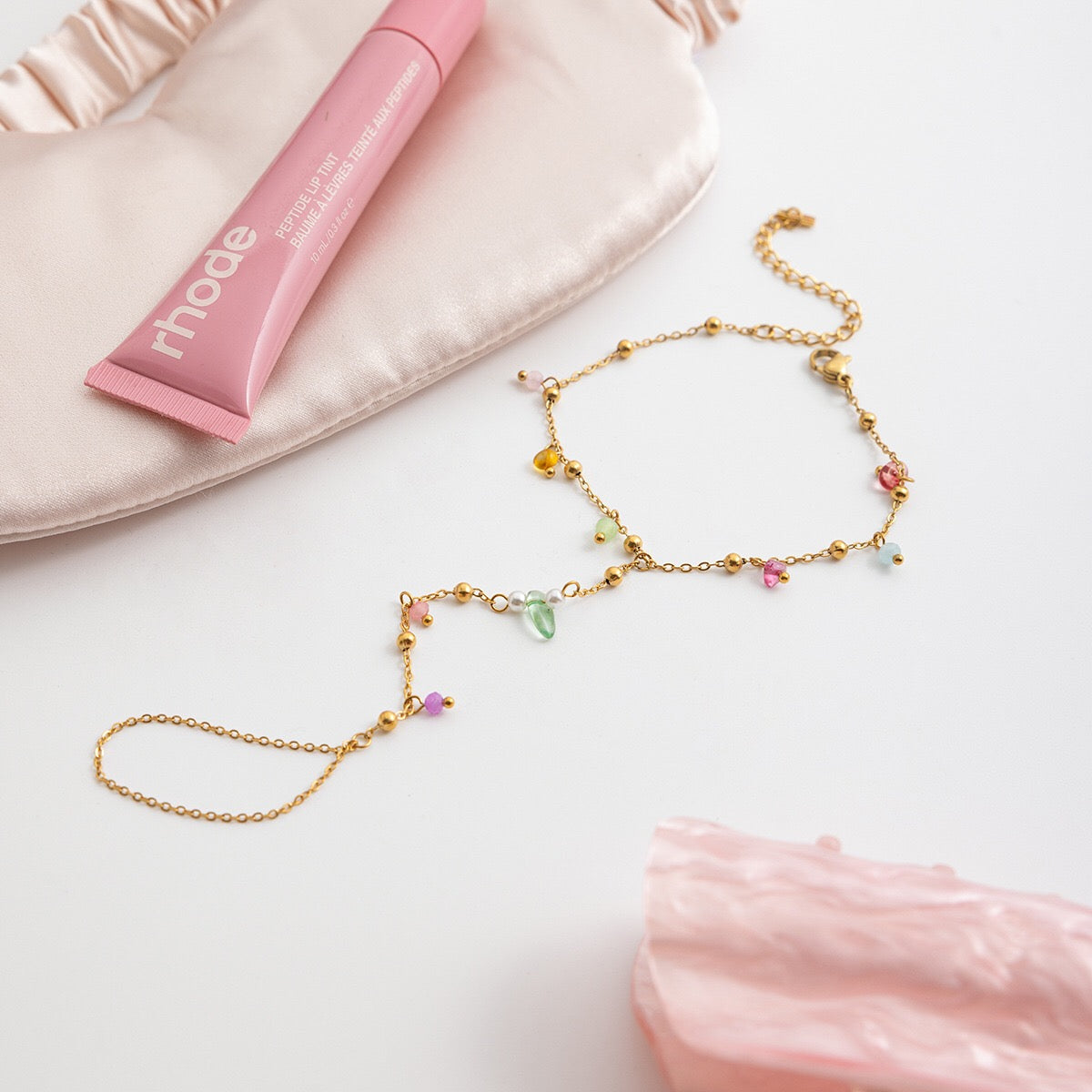 18K Gold Waterproof Pastel Color Beads Dainty Hand Chain Bracelet
