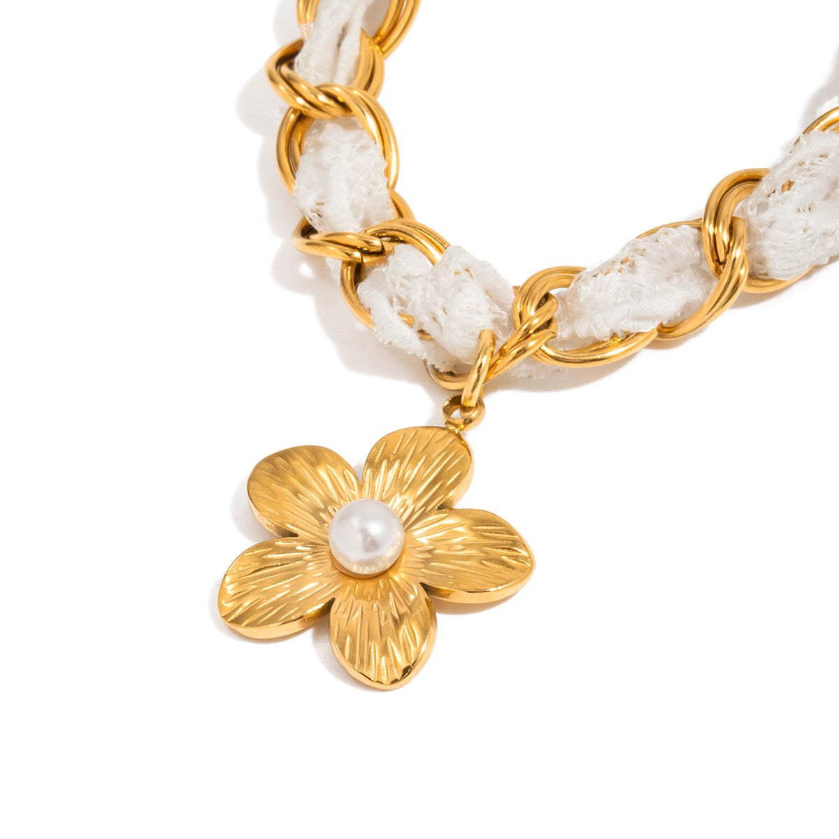 18K Gold Princess Flower Pearl Pendant Ribbon Chain Layered Necklace Set