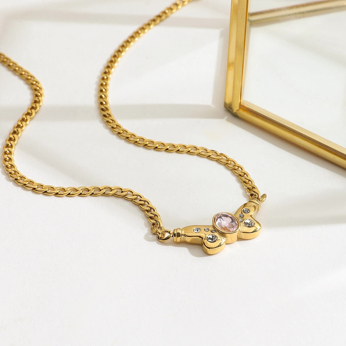 18K Gold Pink Butterfly Curb Chain Necklace