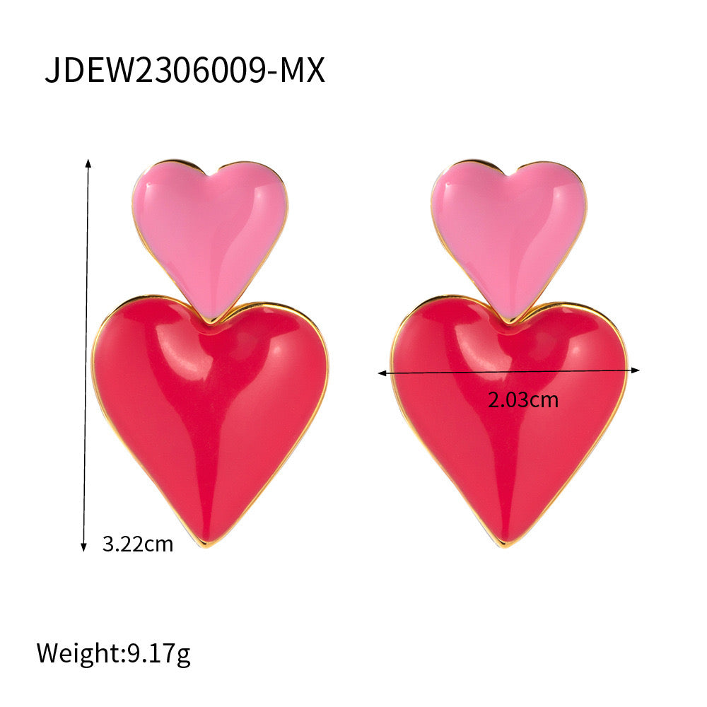 18K Gold Pink Heart Dangle Earrings