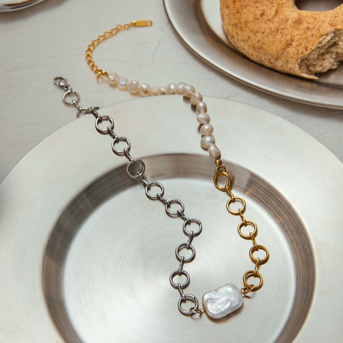 18K Gold Two Tone Chunky Beaded Pearl Paperclip Chain Layered Necklace Set