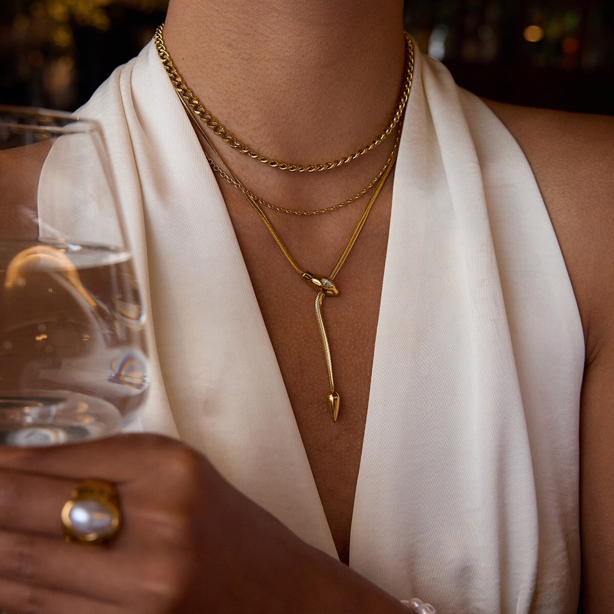 18K Gold Queen Vibe Snake Y Shape Chain Necklace Set