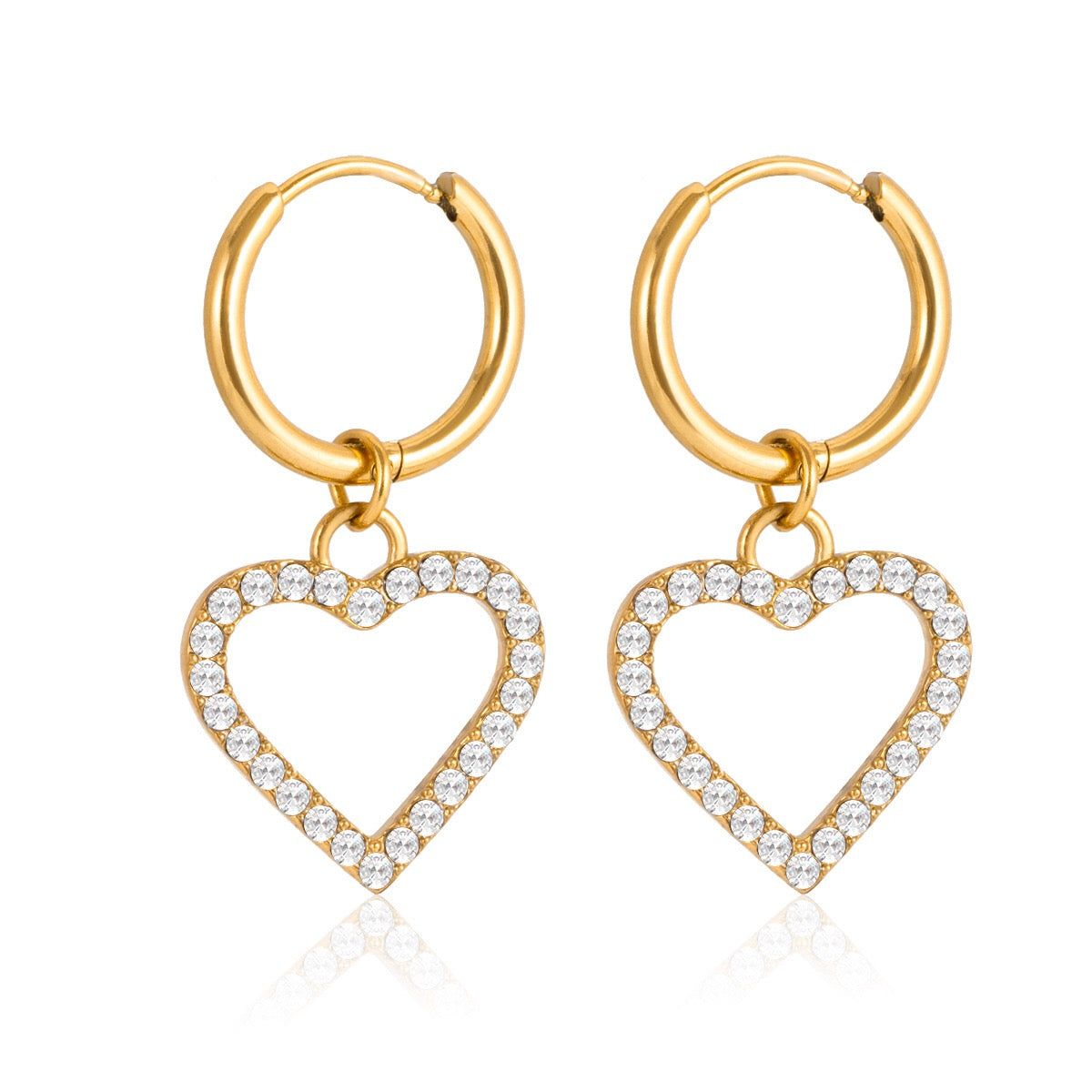 18K Gold Heartstrings Dainty Bling Heart Small Hoop Dangle Huggie Earrings