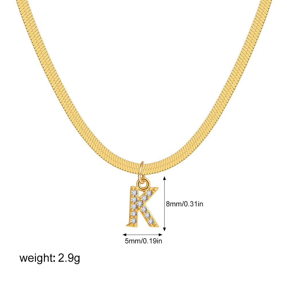18K Gold Minimalist Glam Herringbone Chain Initial Dainty Necklace