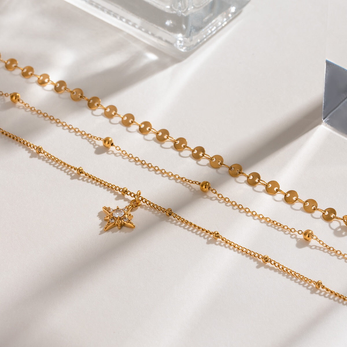 18K Gold Northern Star Pendant Chain Layered Necklace Set