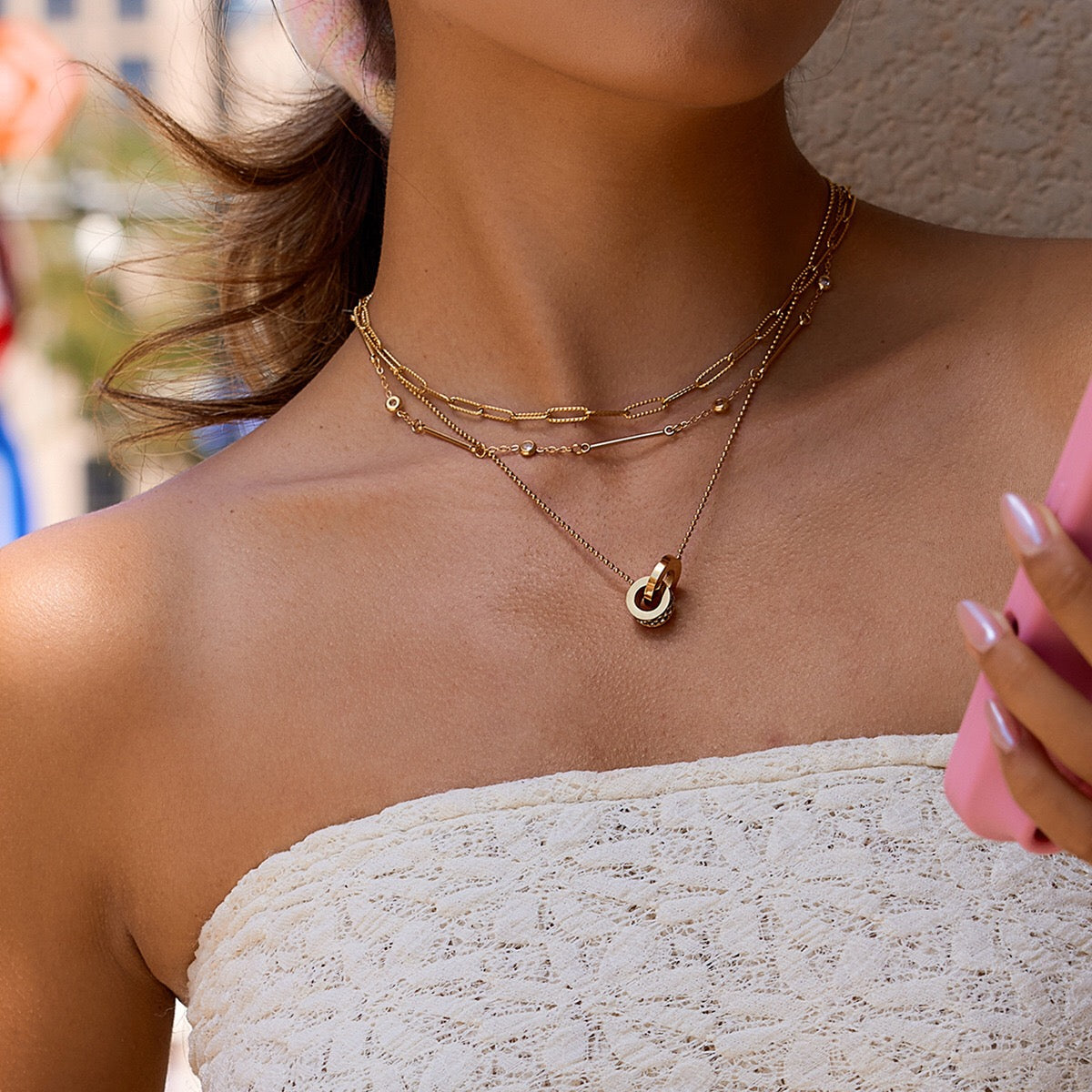 18K Gold Together Two Ring Connected Dainty Pendant Necklace