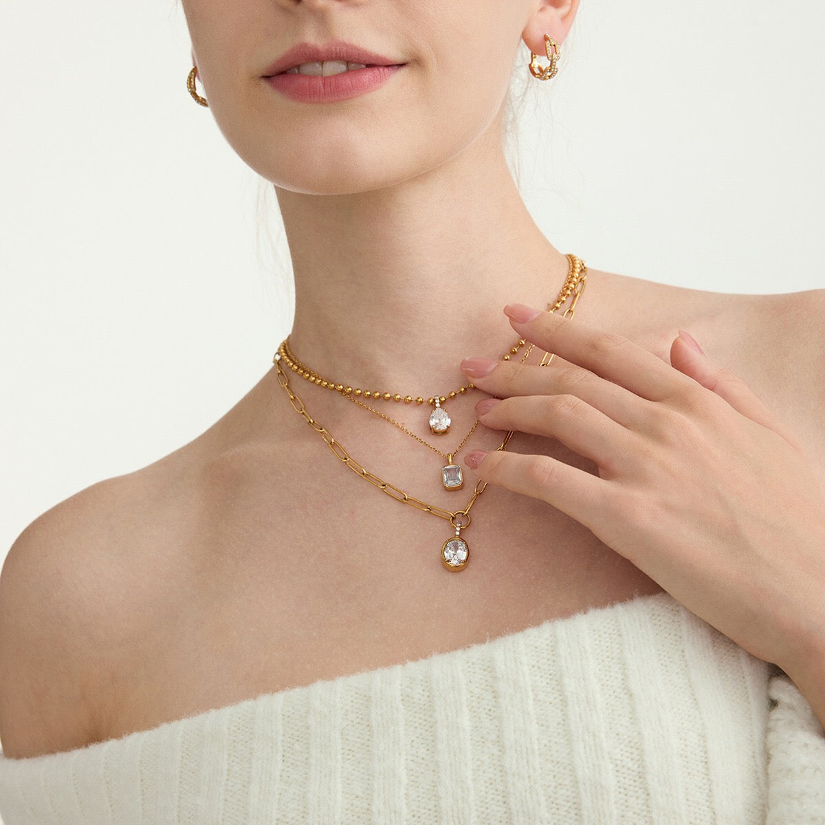 18K Gold Minimal Glow CZ Pendant Paperclip Beaded Chain Layered Necklace Set