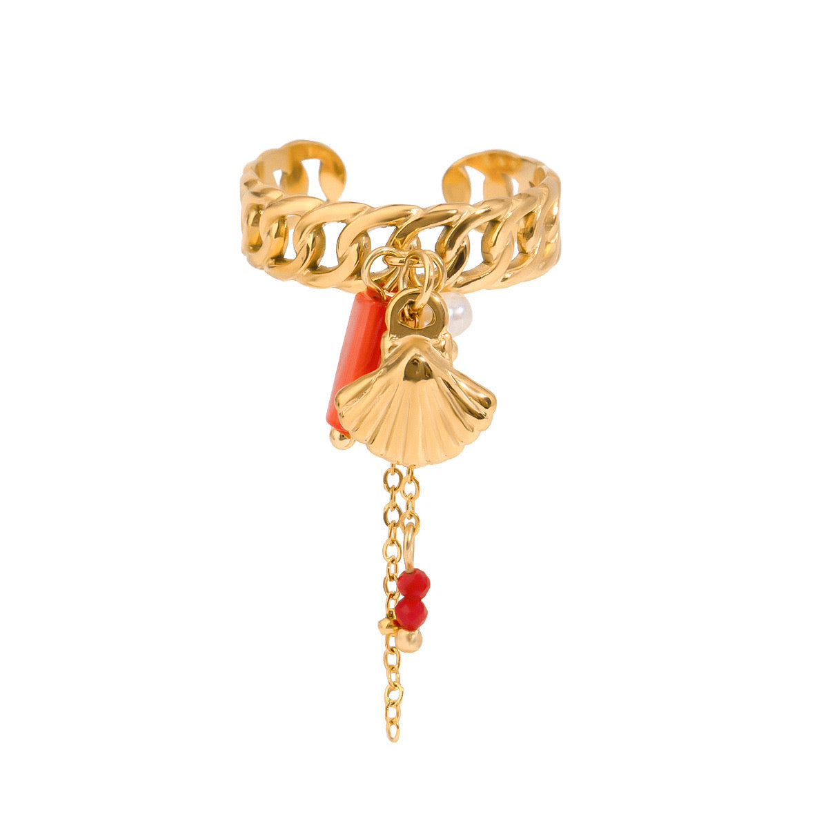 18K Gold Sea Shell Pearl Charm Band Ring