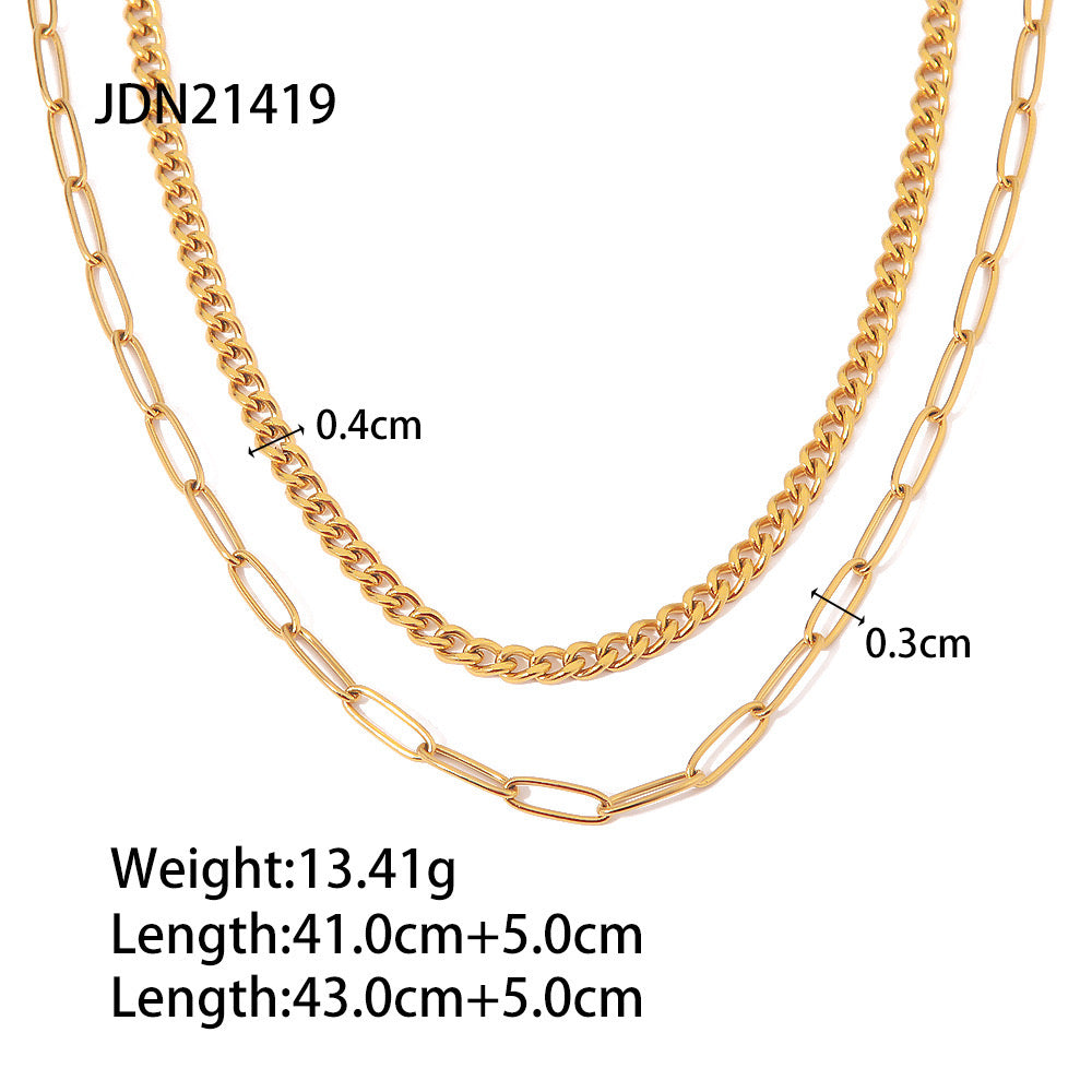 18K Gold Paperclip Cuban Link Chain Layered Necklace Set