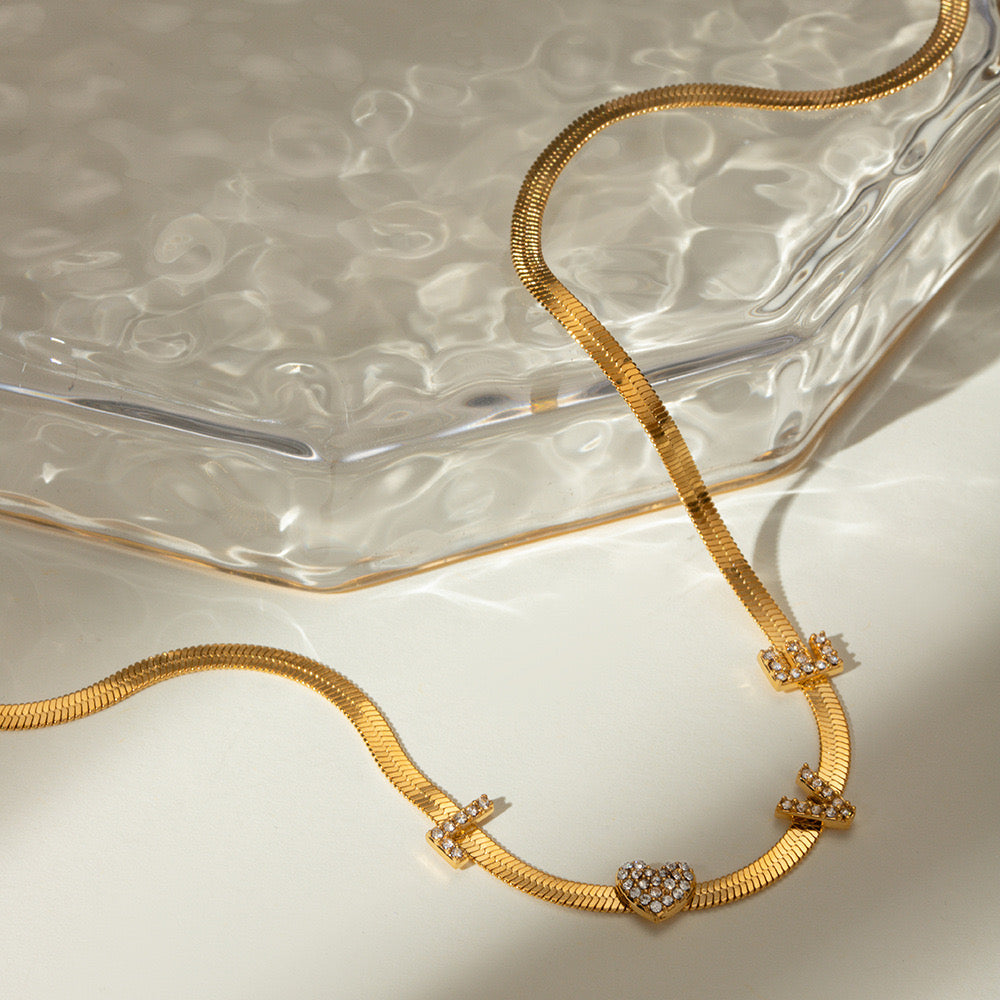 18K Gold LOVE Herringbone Snake Chain CZ Collar Necklace