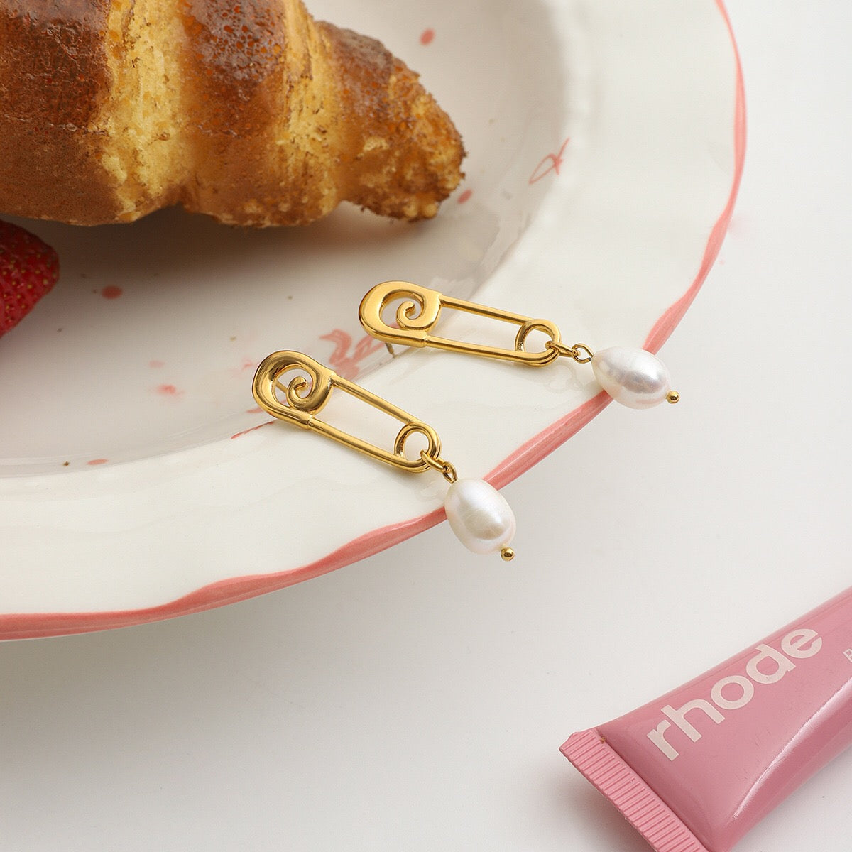 18K Gold Safety Pin Pearl Statement Dangle Stud Earrings