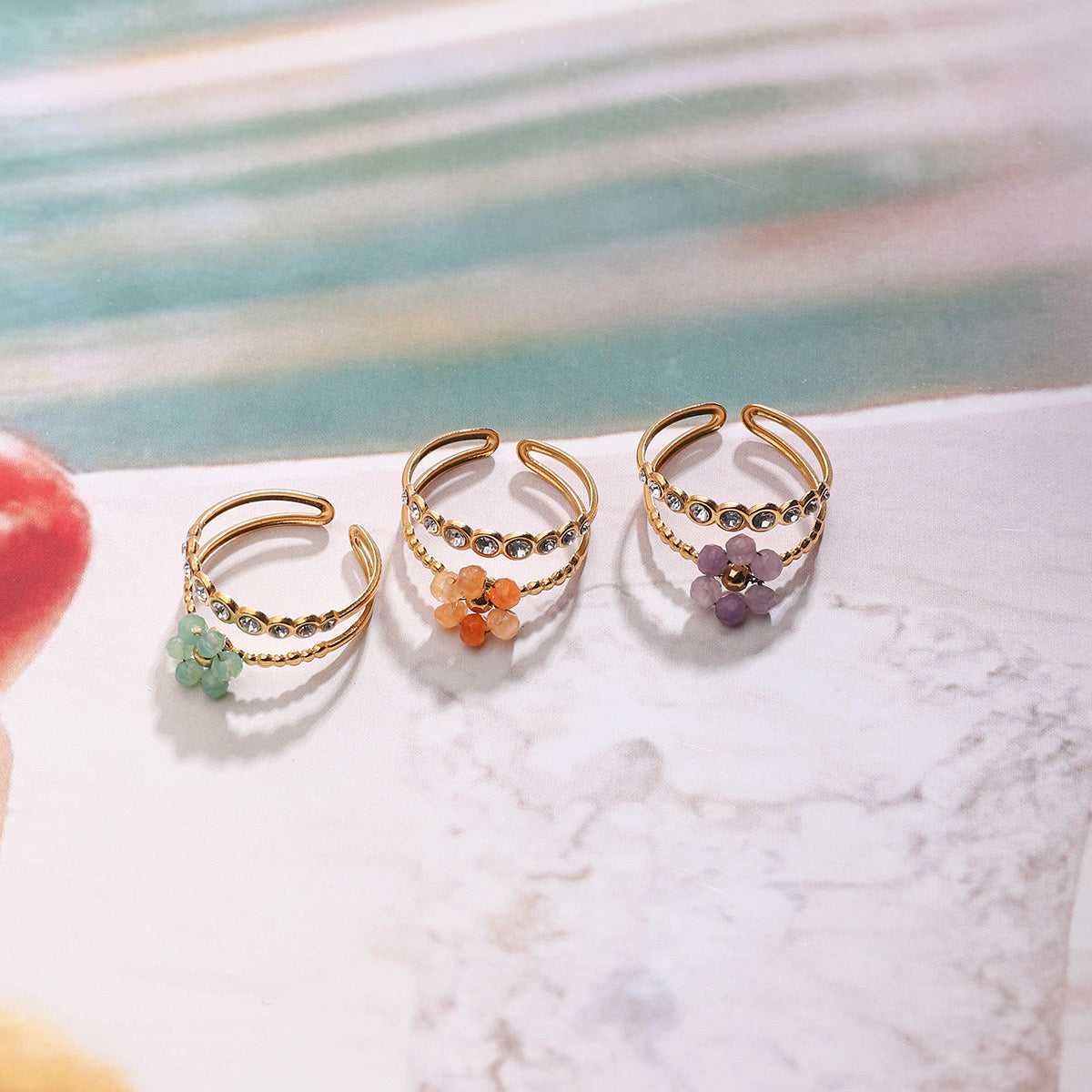 18K Gold Pastel Color Bejeweled Flower Ring