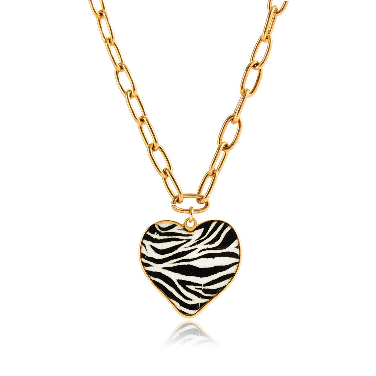 18K Gold Zebra Print Heart Pedant Paper Clip Chain Beaded Pearl Layered Necklace Set