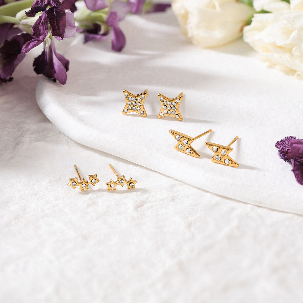 18K Gold Dainty Starry Studs Cartilage Earrings Set