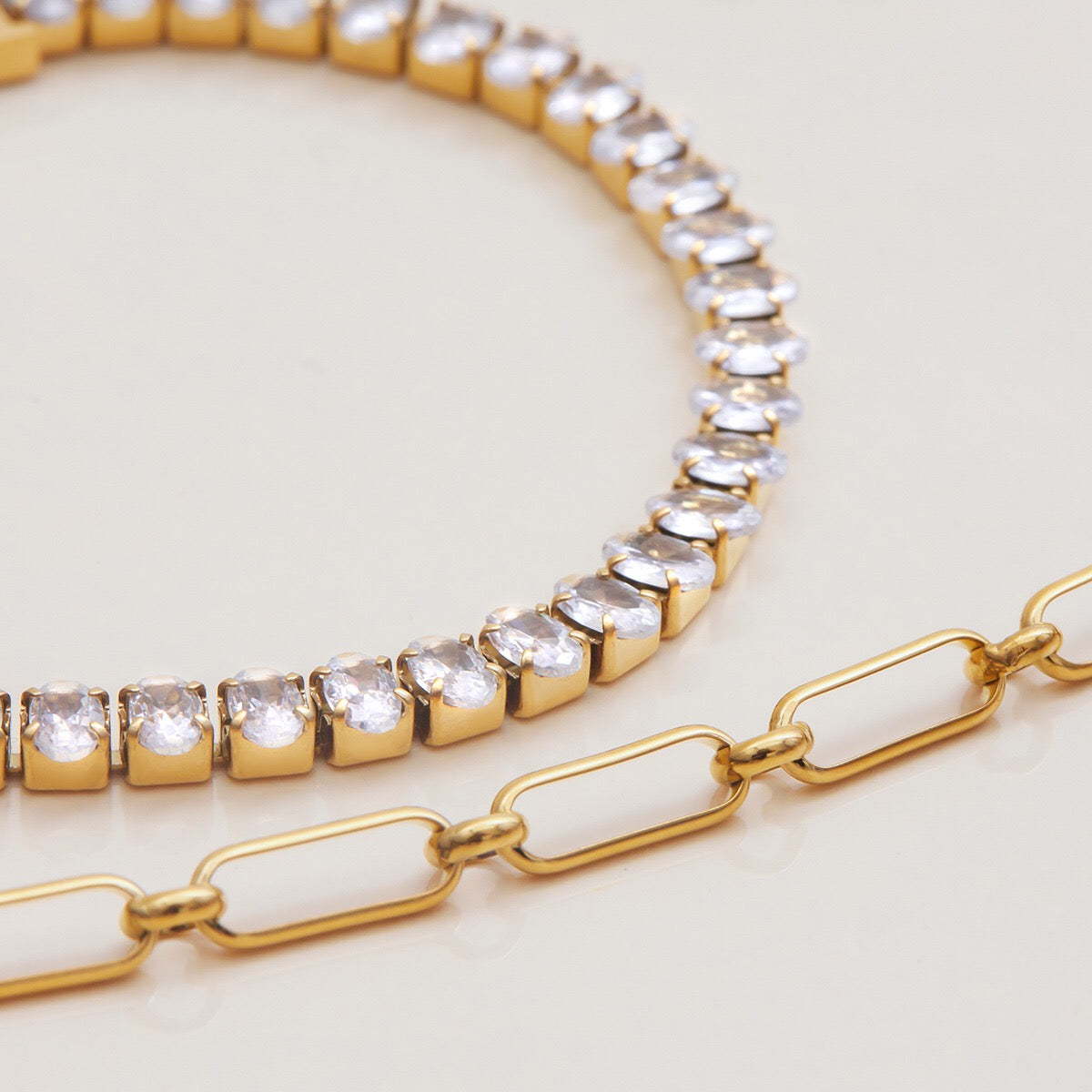 18K Gold Extra Bling Paperclip Chain Bangle Tennis Bracelet Stack