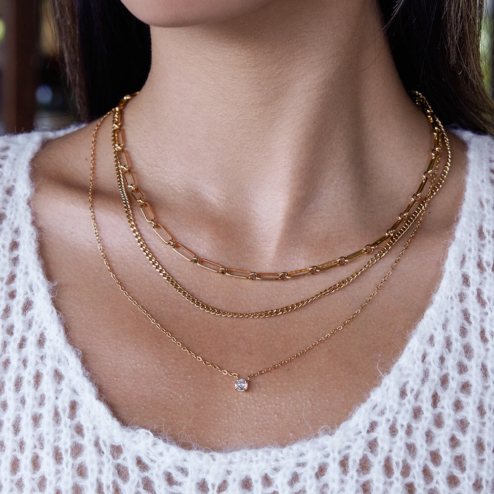 18K Gold Day Dream Dainty Pendant Paperclip Chain Layered Necklace Set