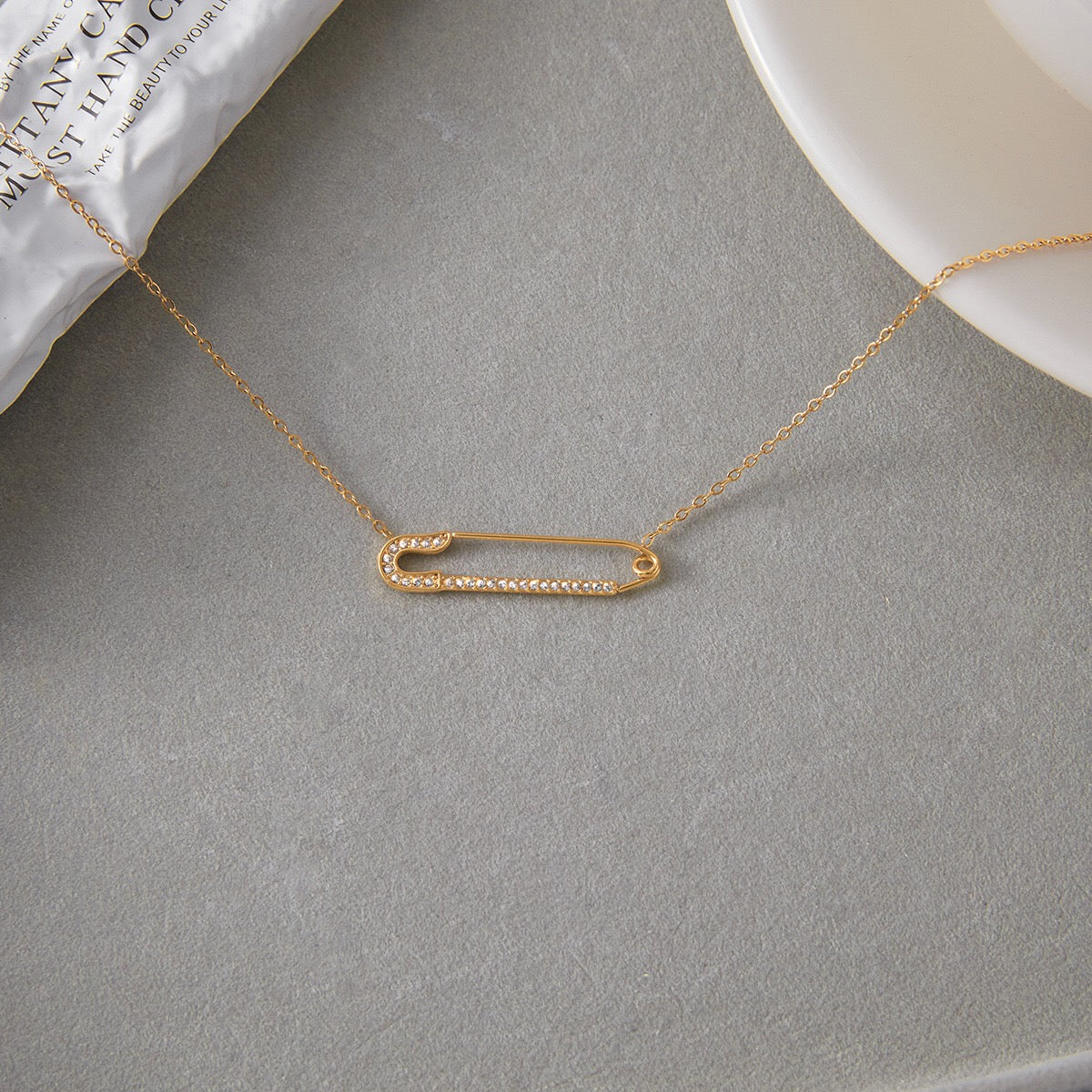 18K Gold Safety Pin Pendant Dainty Chain Layered Necklace Set