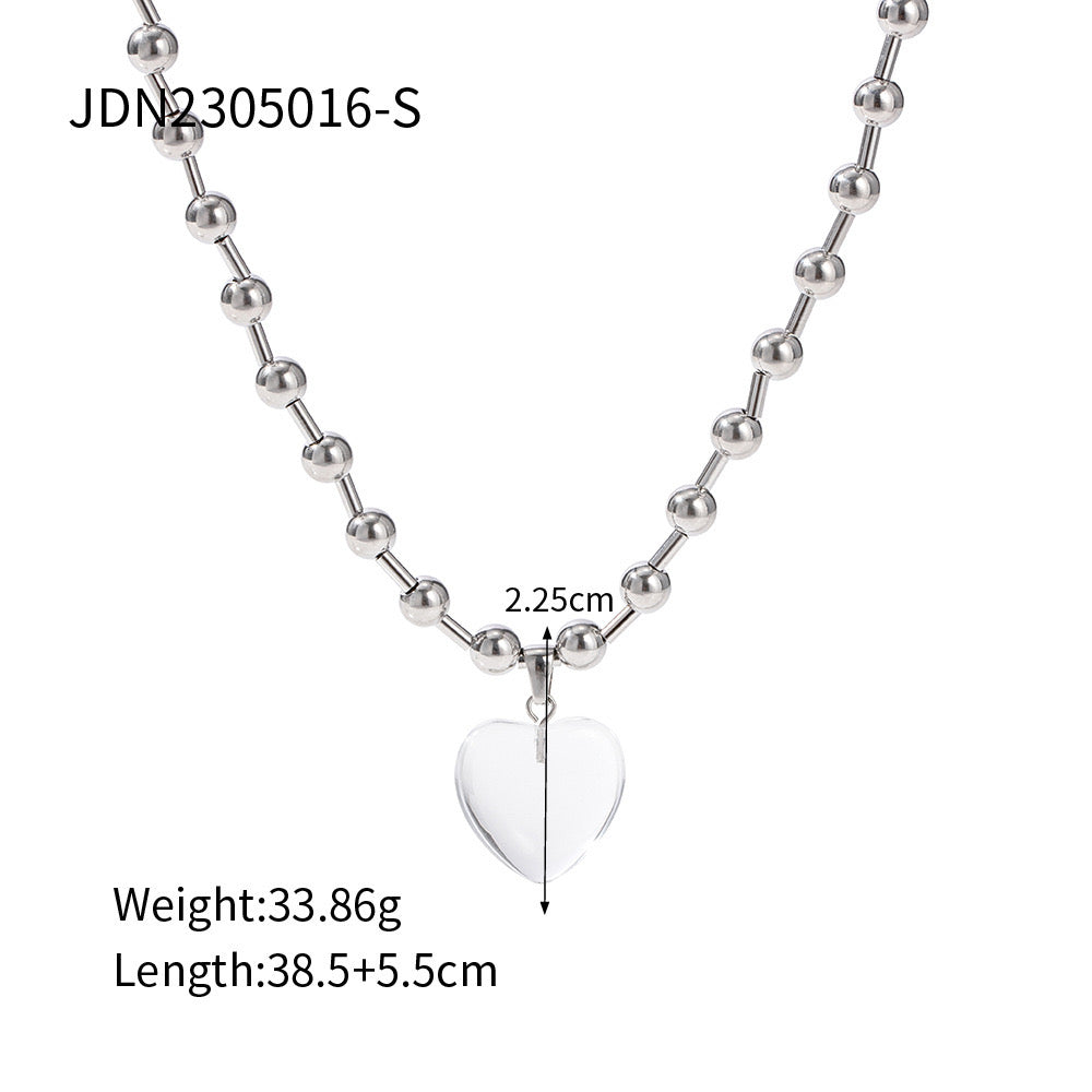 18K Gold Clear Jelly Heart Pendant Beaded Ball Chain Necklace