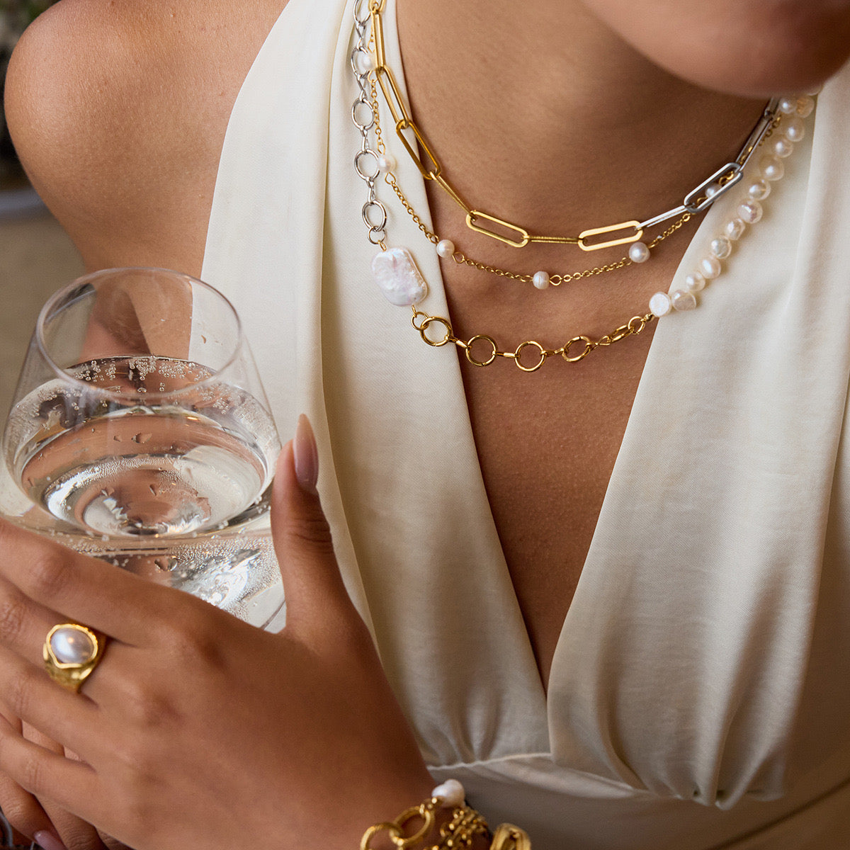 18K Gold Two Tone Chunky Beaded Pearl Paperclip Chain Layered Necklace Set