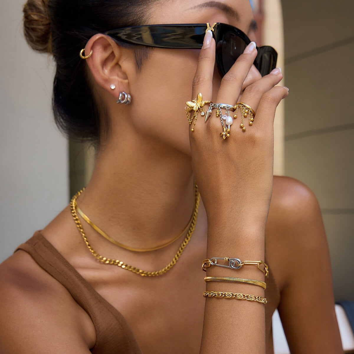 18K Gold Butterfly Safety Pin Tassle Charm Ring