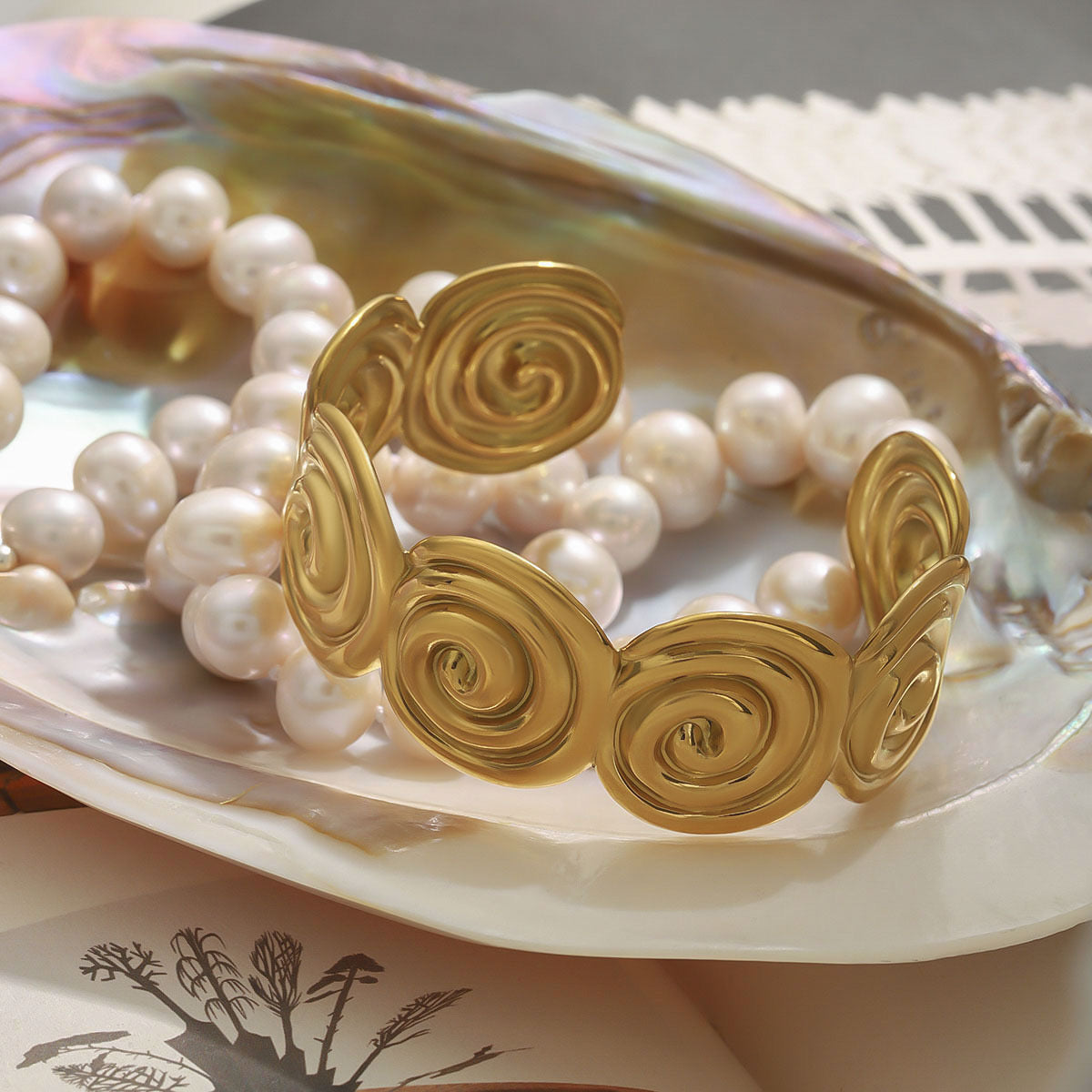 18K Gold Ocean Swirl Statement Cuff Bangle Bracelet