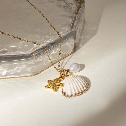 18K Gold Seashell Starfish Pearl Charm Long Necklace