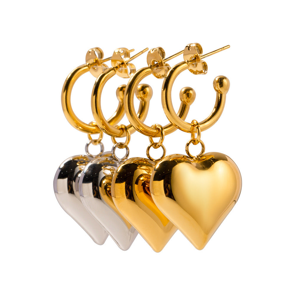 18K Gold Heart Dangle Huggie Earrings with Charm