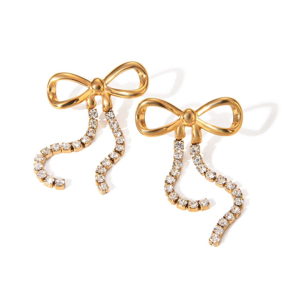 18K Gold Bling Bow Dangle Drop Earrings