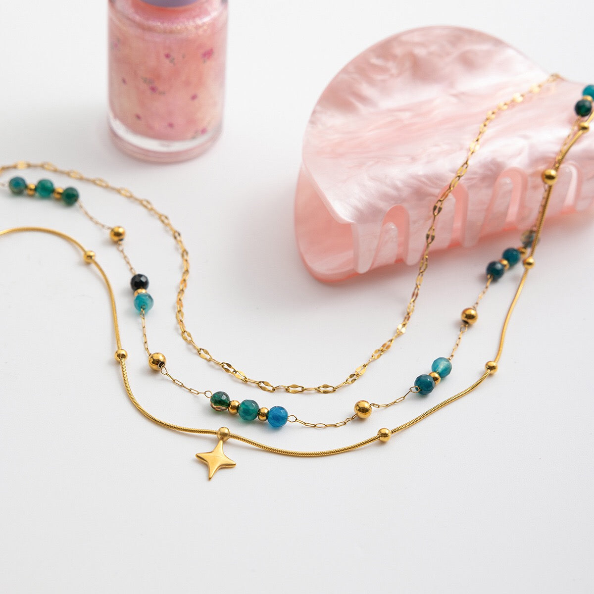 18K Gold Dainty Star Pendant Ocean Blue Beaded Layered Necklace Set