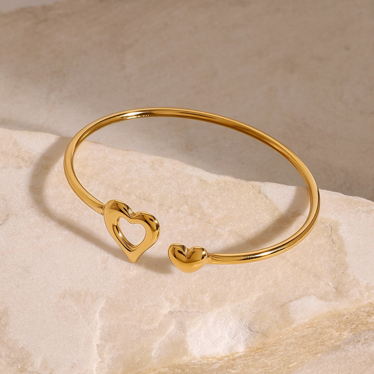 18K Gold Heart to Heart Cuff Bangle Bracelet