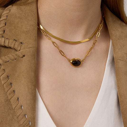 18K Gold Tiger Eye Paperclip Chain Herringbone Choker Layered Necklace Set