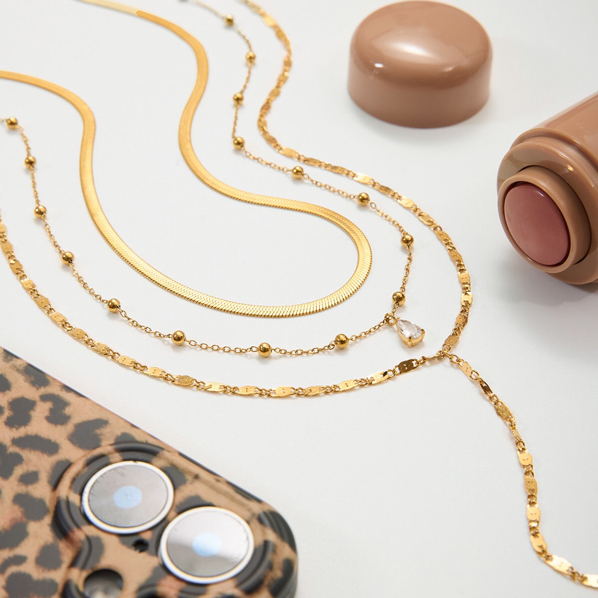 18K Gold Cascade Herringbone Snake Chain Lariat Layered Necklace Set