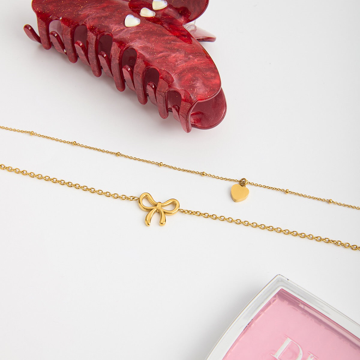 18K Gold Dainty Heart Bow Pendant Double Chain Layered Necklace Set