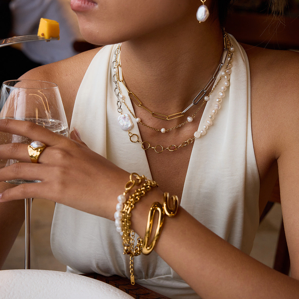 18K Gold Two Tone Chunky Beaded Pearl Paperclip Chain Layered Necklace Set