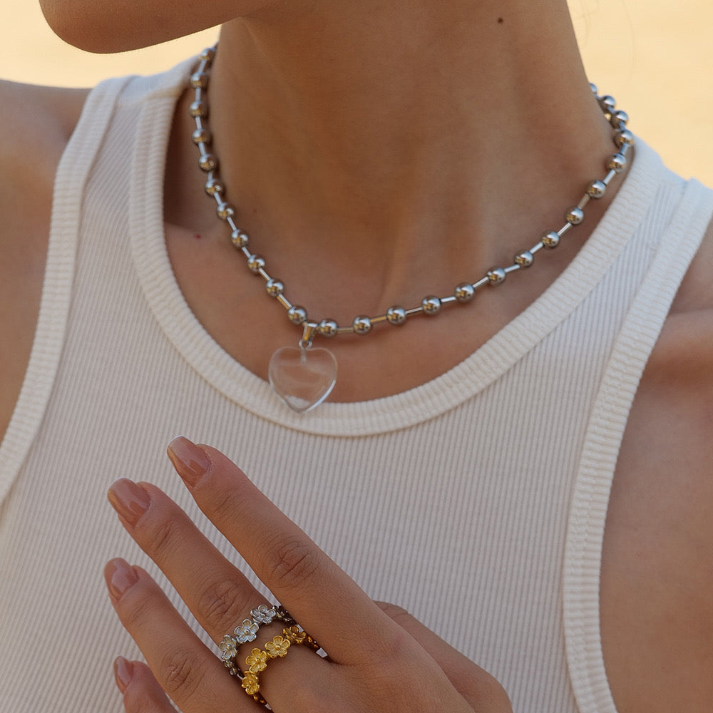 18K Gold Clear Jelly Heart Pendant Beaded Ball Chain Necklace