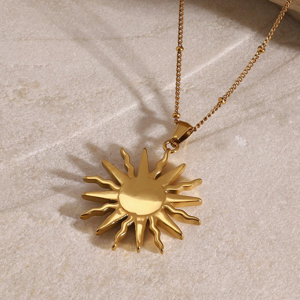 18K Gold Bright Sun Pendant Statement Long Necklace