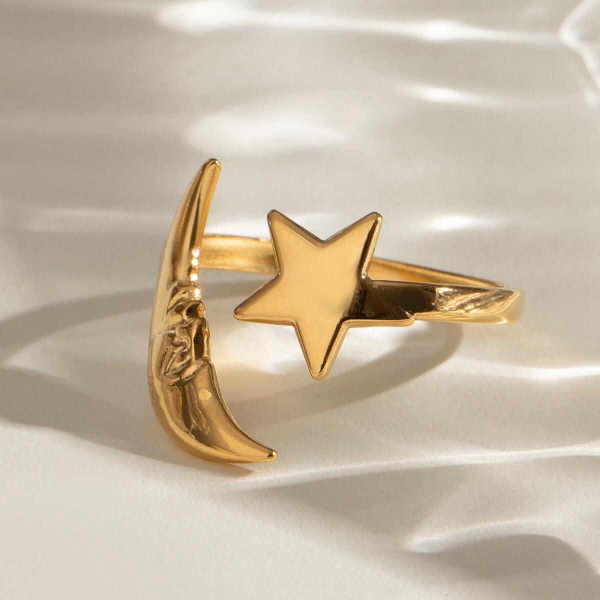 18K Gold Moon And Star Cuff Ring
