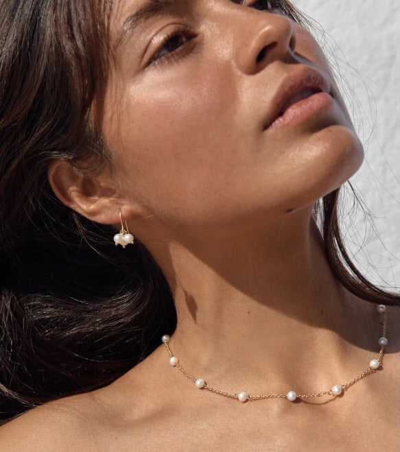18K Gold Elegant Dainty Pearl Chain Choker Necklace