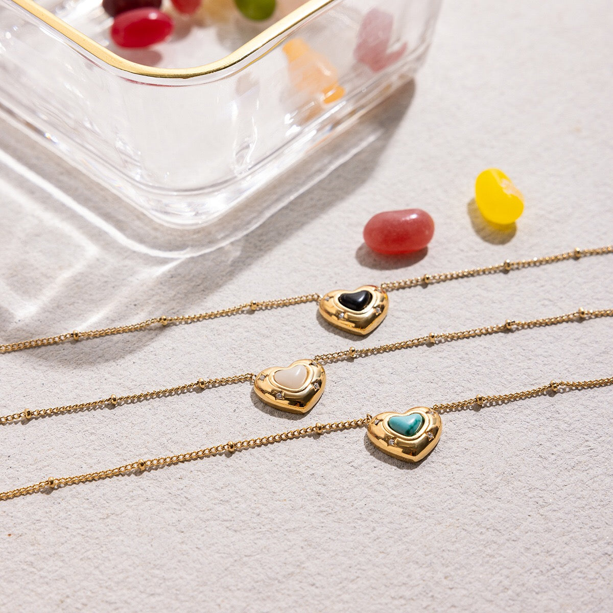 18K Gold Natural Stone Stars Adorned Dainty Heart Pendant Necklace