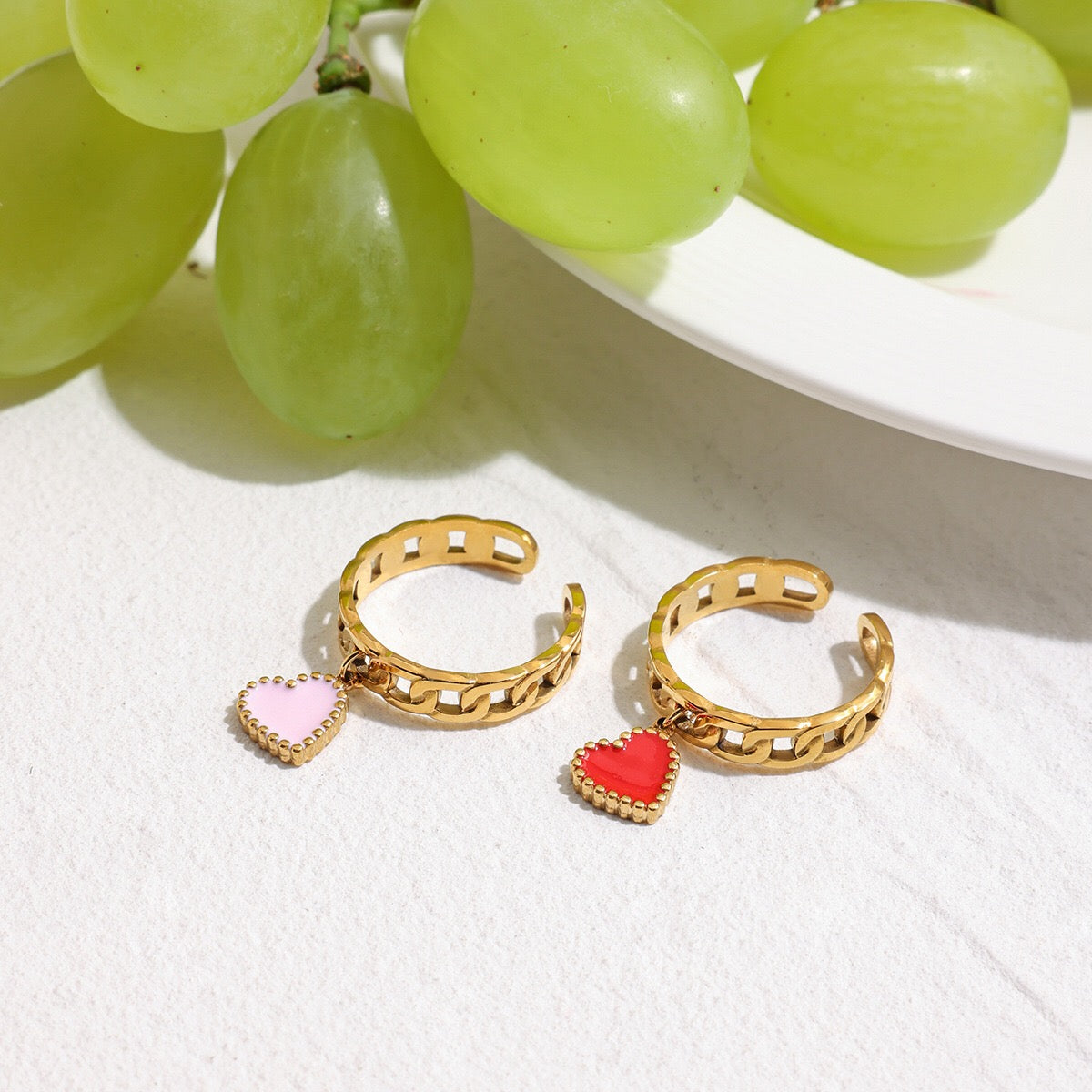 18K Gold Heart Palm Tree Charm Chain Band Ring