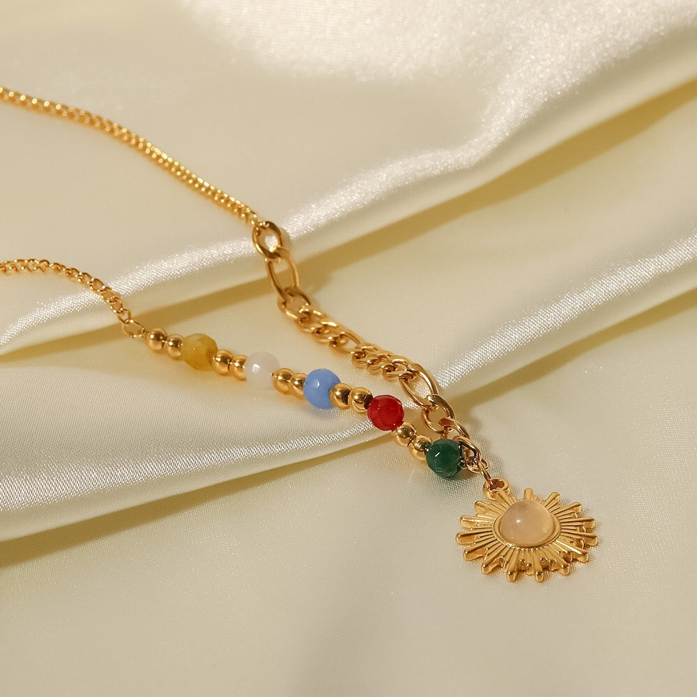 18K Gold Sun Pendant Color Beaded Necklace