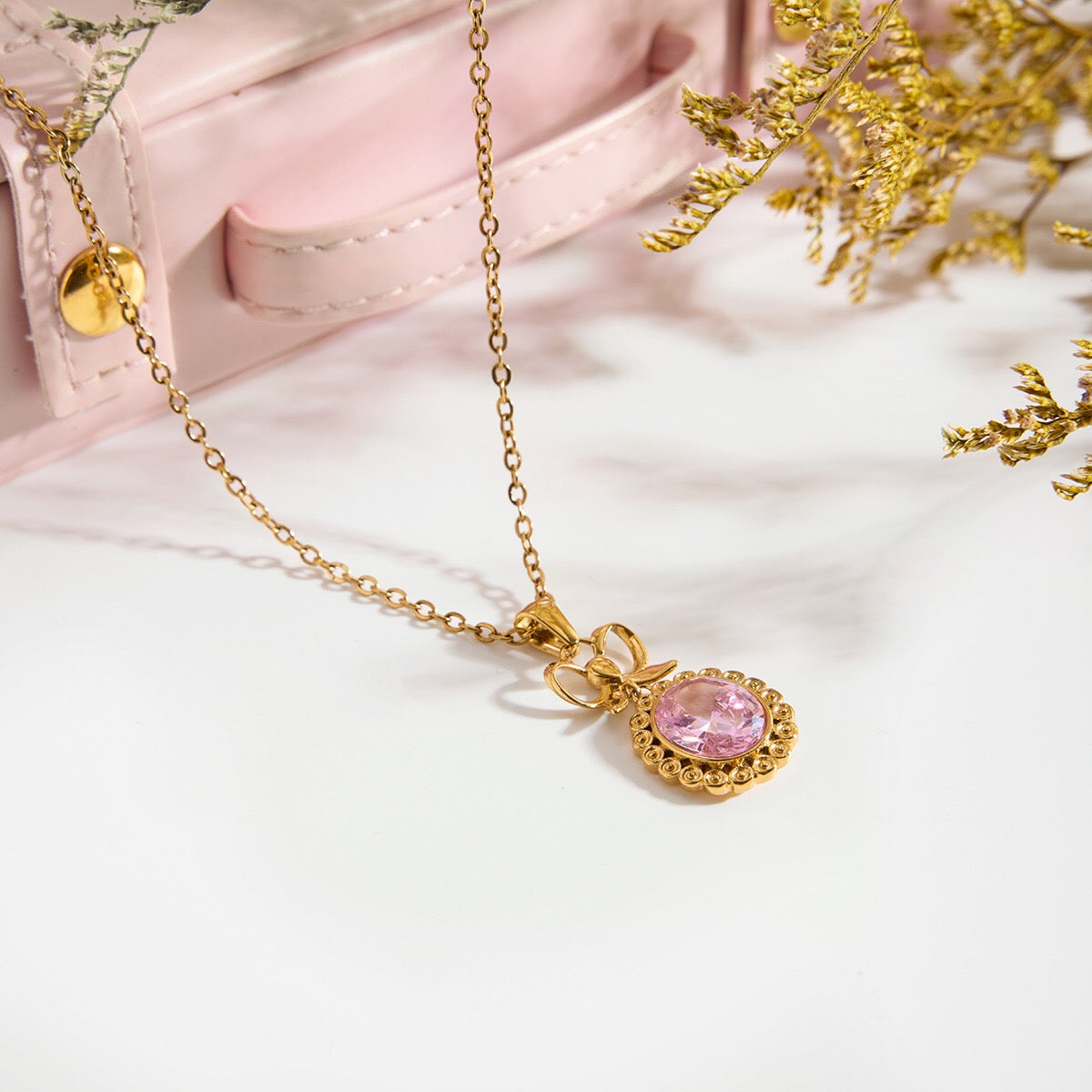 18K Gold Pink Majesty Bow Pendant Necklace