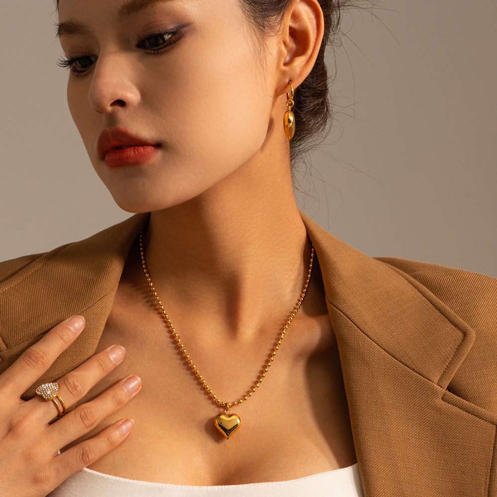 18K Gold Heart Pendant Small Ball Chain Necklace