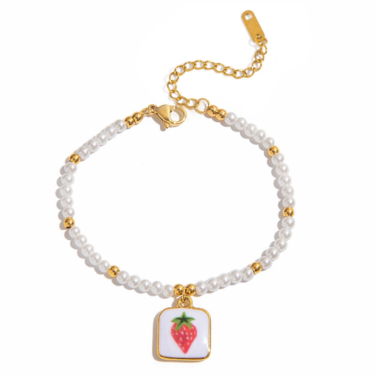 18K Gold Tropical Fruit Charm Pearl Chain Bracelet Stack